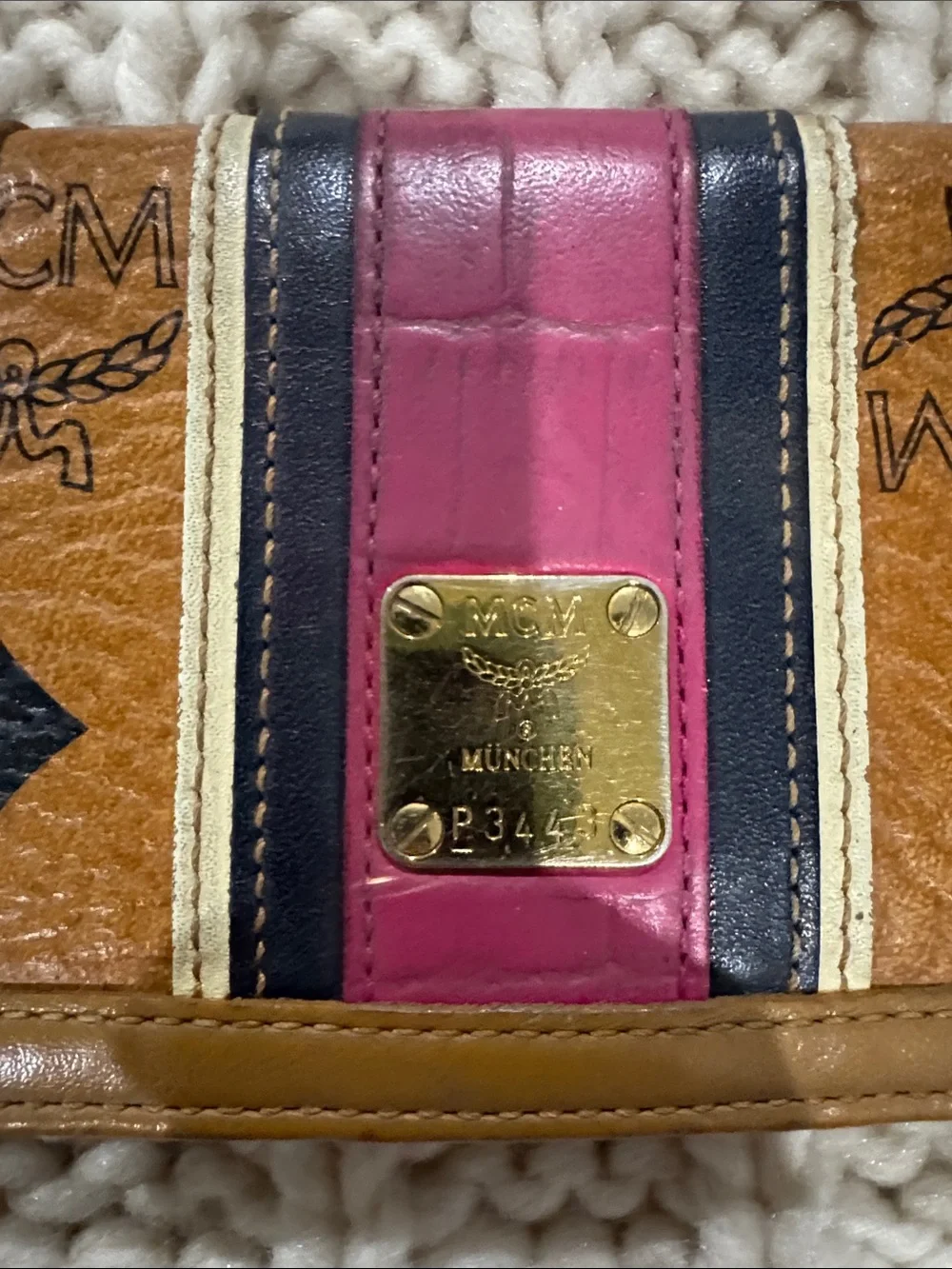 MCM Cognac Small Leather Wallet with Pink and Navy Stripe